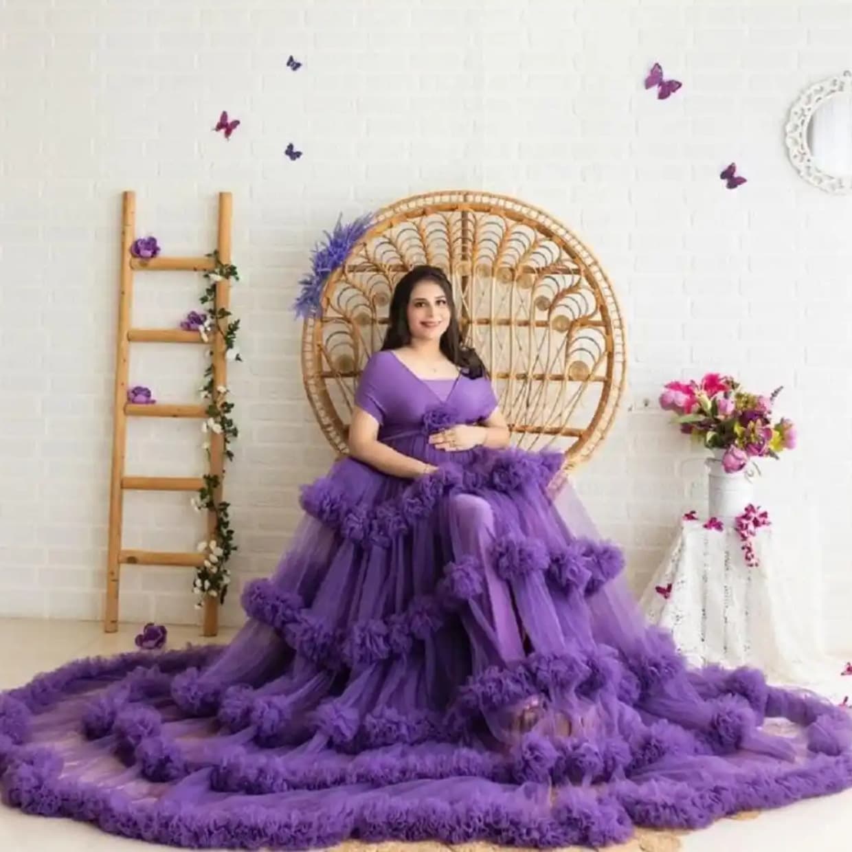 European and American plus size maternity mesh pleated high waist three-dimensional evening dress shooting long skirt bride wedding dress morning dress robe