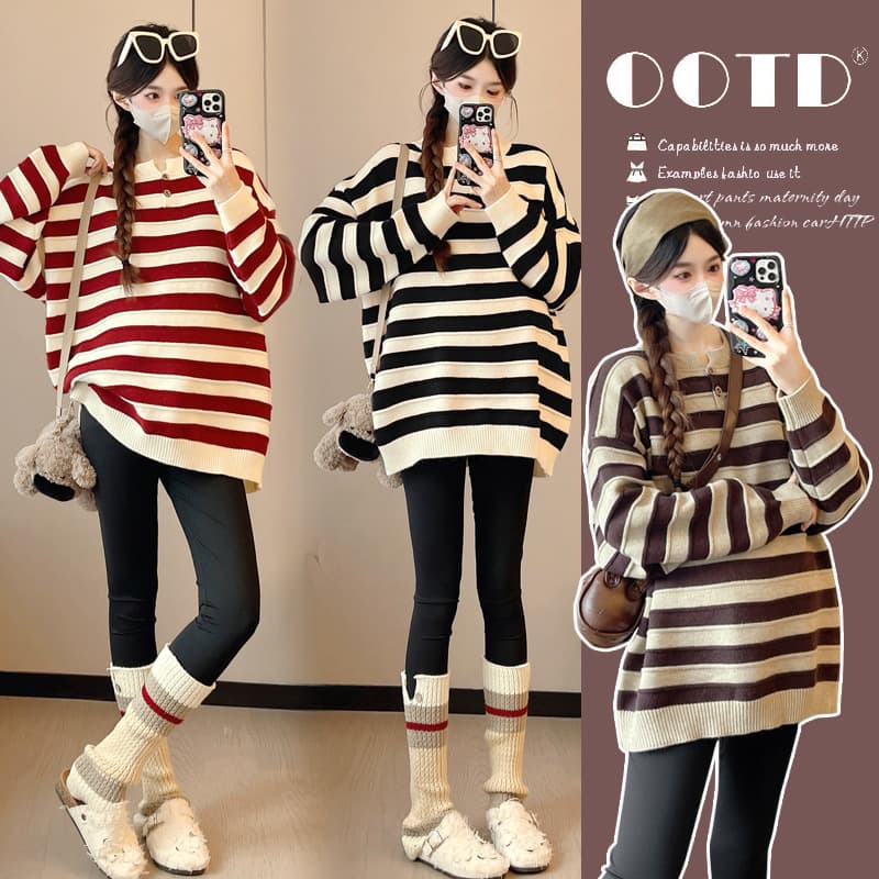 Real Shot Internet Famous Stylish Pregnant Women's Autumn/Winter Fashion Long Sleeve Striped Coat Loose Slimming Youthful Maternity Sweater