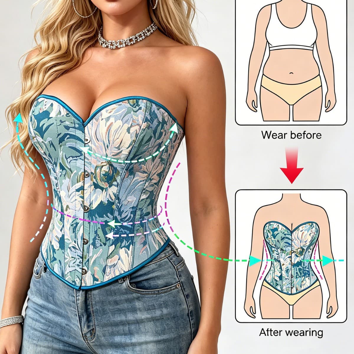 European and French Printed Corset for Women, Sexy Slim Fit Lace-up Waist Training Bustier, High-Quality Boned Corset Top for Outerwear