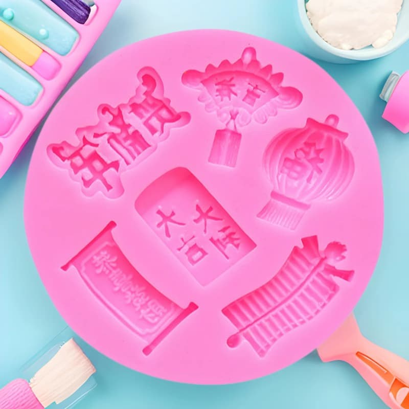 Happy New Year Chinese Knot Firecracker Lantern Gong Xi Fa Cai Silicone Mold Fondant Chocolate Cake Mold
