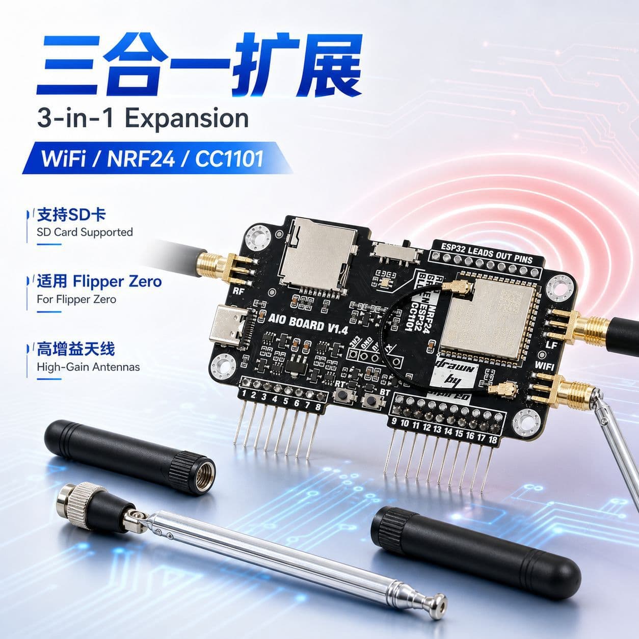 Flipper Zero Triple Expansion Board WiFi NRF24+ESP32 Multifunction Expansion Module