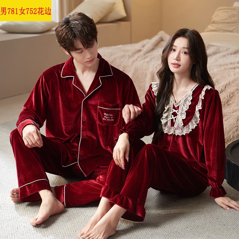 Pajamas Couple Wedding Newlywed Women Red Autumn/Winter Velvet Luxury Men's High-End Sense Wedding Use Newlywed Set