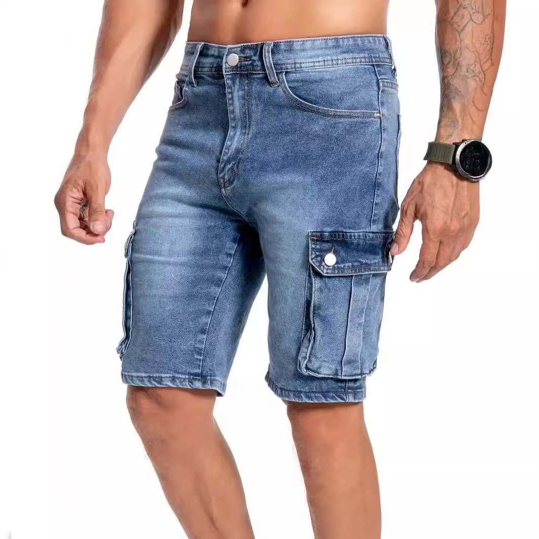 Casual Men's Denim Shorts with Multiple Pockets And Slight Elasticity New Model Cross-Border 5 Workwear Loose Fit Summer