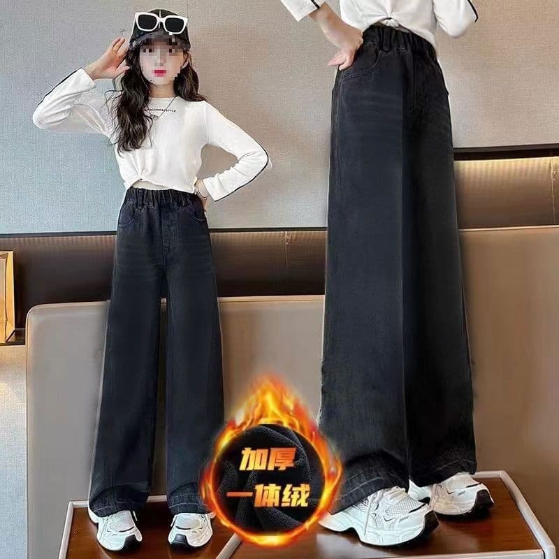 Autumn and winter velvet girls' wide-leg pants, one-piece velvet denim, velvet thickening, thickened loose pants for middle and large children, trendy