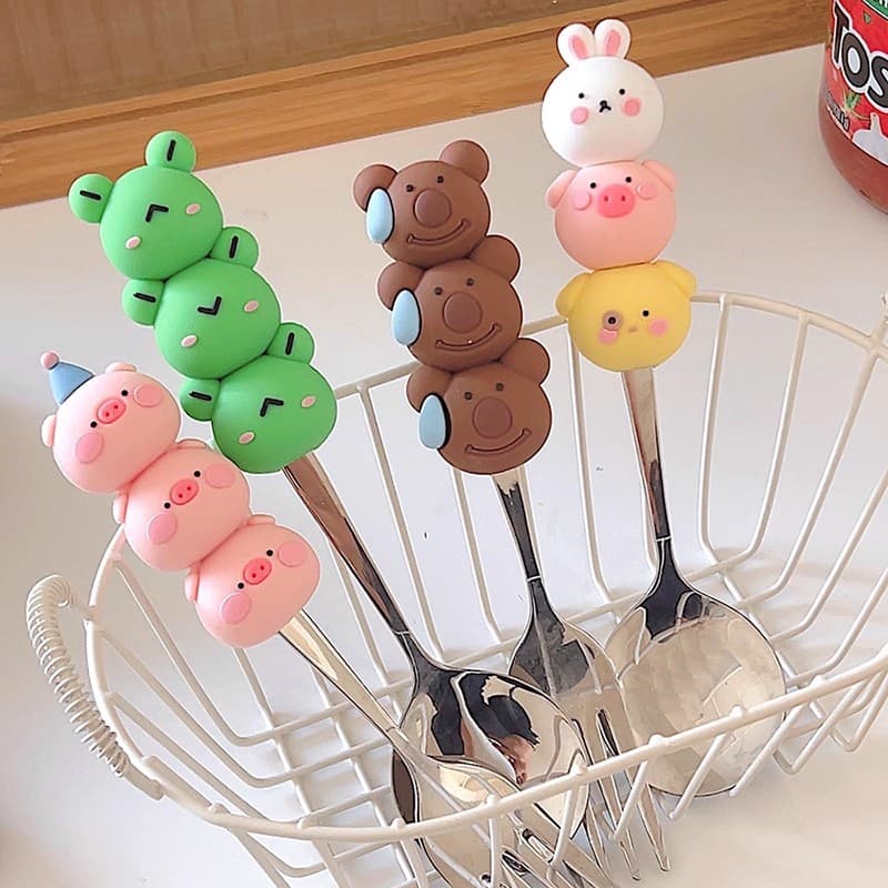 Export Animal Pig Spoon and Fork Set, Stainless Steel Cartoon Frog Student Portable Utensils, Cute Spoon Gift Set