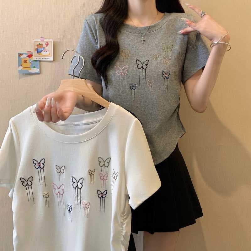 Nanjian Real Shot 2025 Plus Size Women's Summer New Butterfly Embroider Right Shoulder Slim T-Shirt Top