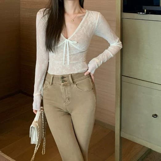 Sheer V-Neck Long-Sleeve T-Shirt for Women, Early Autumn Winter Slim Fit Layering Top with Bow Tie Detail