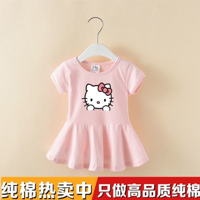 2025 New Cotton Short Sleeve Dress for Girls Summer Children Fashionable Baby Cartoon Princess Dress