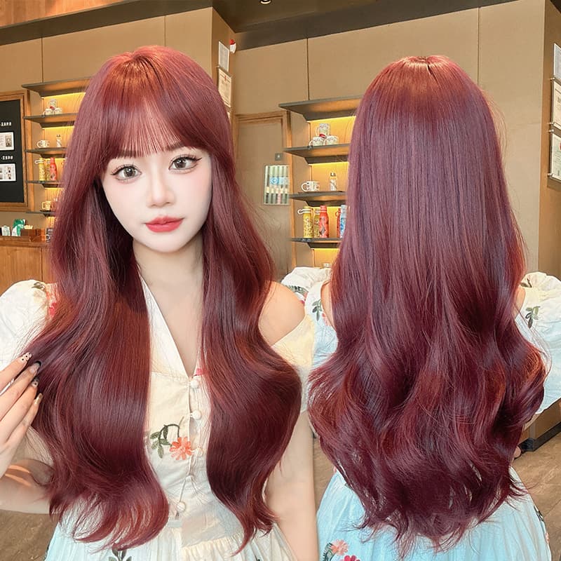 Long Wavy Wig for Women, Raspberry Red, Natural-Looking Full Wig with Invisible Cap, Heat-Resistant Synthetic Hair