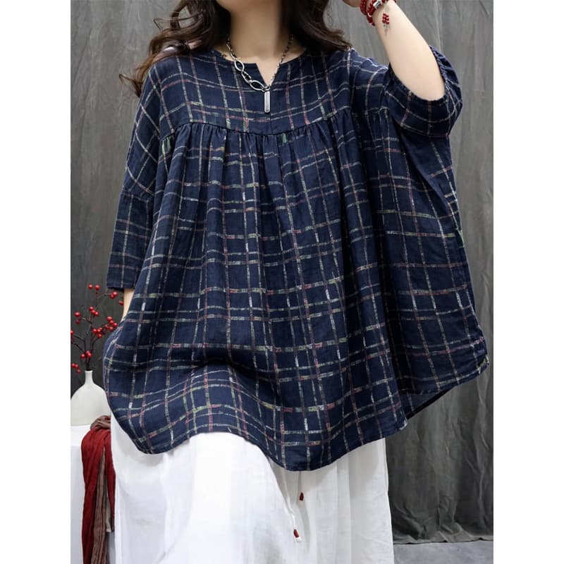 2026 Spring/Summer Vintage Ramie Print Flared Babydoll Top Loose Casual Artistic Blouse for Women