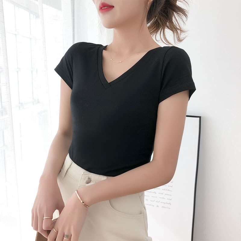 2021 New Women's Summer Black Short Sleeve T-Shirt Women's One Piece Korean Style Slim Double V-Neck Top Women's Trendy 005