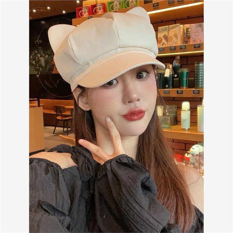 Cat Ears Octagonal Hat Women's Summer Thin Sweet Cute Beret Newsboy Cap Student Funny Cute Hat Face Slimming