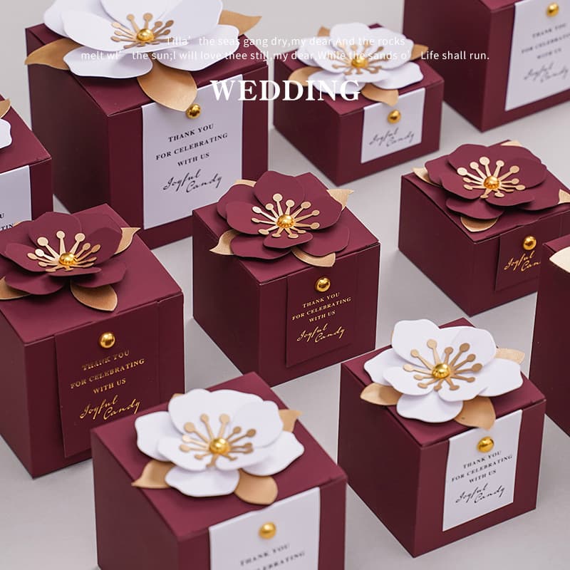New Wine Red Wedding Creative Square Flower-Shaped Candy Box Wedding Candy Box Engagement Candy Box Packaging Box