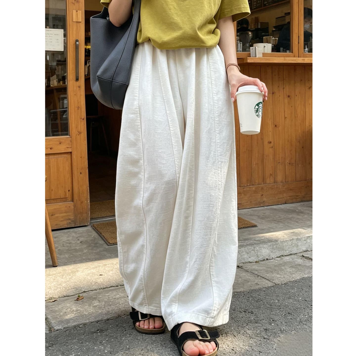 White Curved Wide-Leg Pants for Women Summer Thin Loose Casual Lounge Pants High-Waist Slimming Versatile Cotton-Linen Balloon Pants