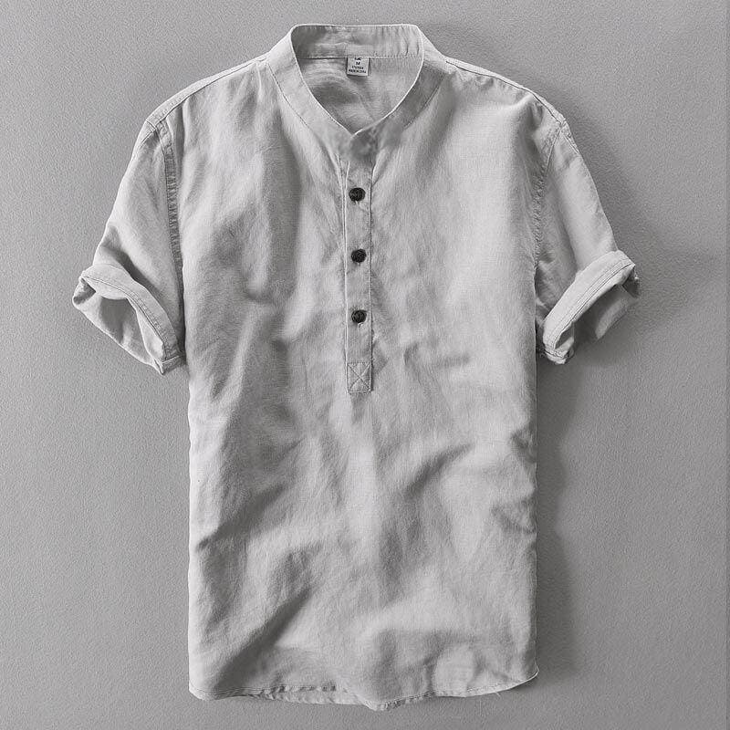 Summer Lightweight Men's Linen Short Sleeve T-Shirt Vintage Stand Collar Cotton Linen Shirt Casual Loose Half Sleeve T-Shirt