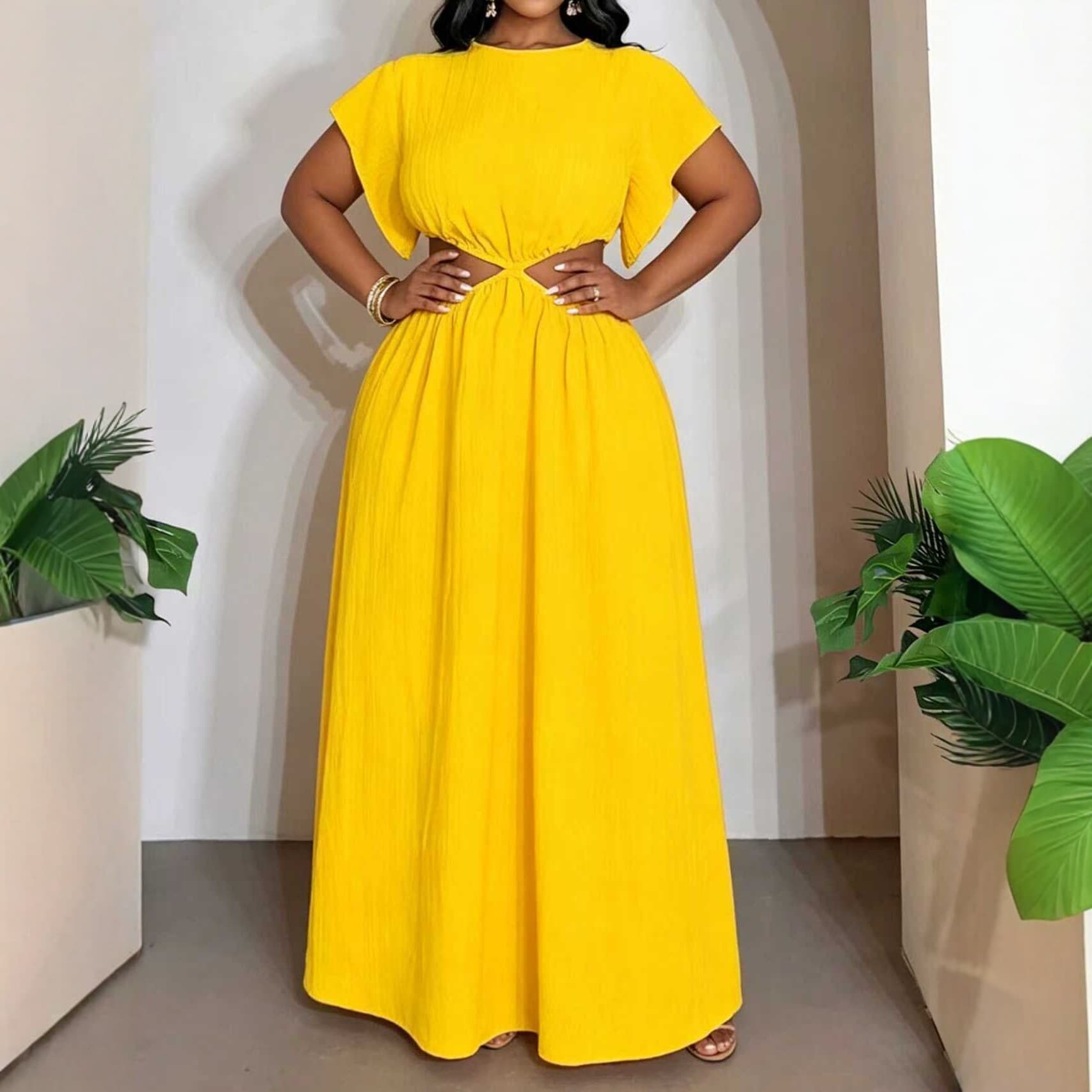 Cross-border foreign trade European and American large size 2026 new summer style temperament round neck exposed waist sexy solid color dropped shoulder sleeve dress