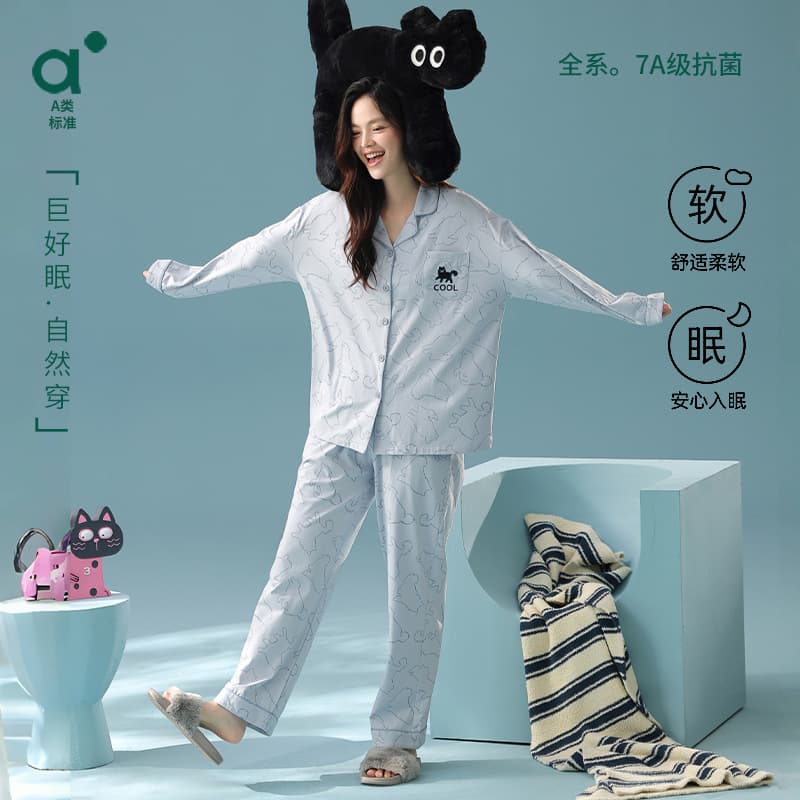 [Antibacterial Xinjiang Cotton] Grade A Pure Cotton Pajamas for Women, Autumn Long Sleeve Cartoon Cat Print, Female Homewear