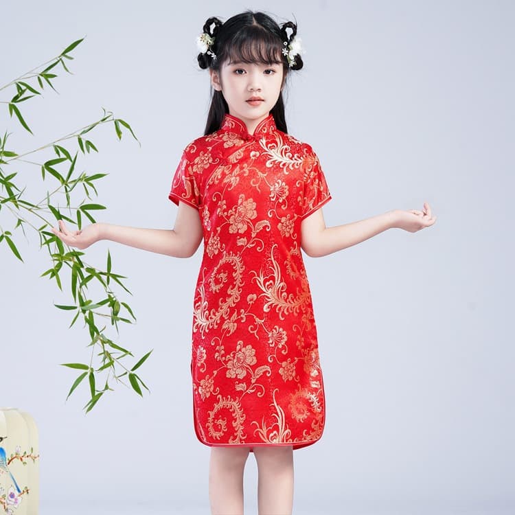 Chinese Style Girl's Cheongsam Retro Frog Button Stand Collar Brocade Summer Dress for Medium to Large Girls Stage Performance Costume