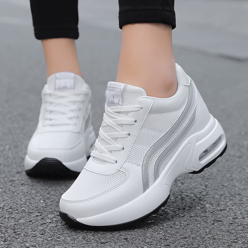 Women's Breathable Mesh Sports Shoes with Inner Heightening 9cm Casual Travel Sneakers White Net Shoes Wave Shoes