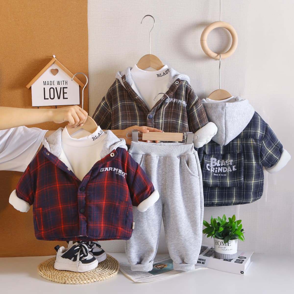Baby Boy Fall Winter Fleece-Lined Outfit Set New Plaid Shirt Infant Toddler Boy Winter Thickened Hooded 3-Piece Set