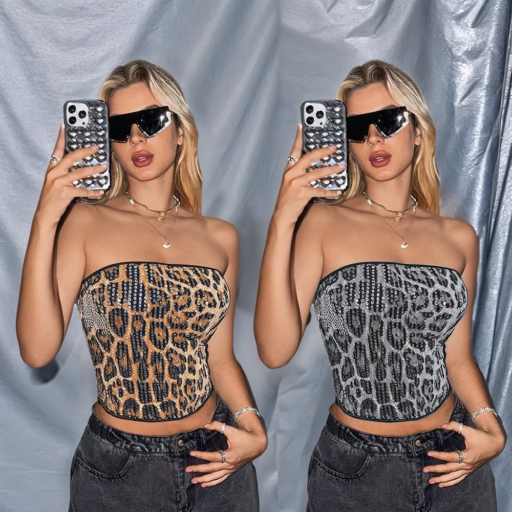 ZY6020 Cross-border European and American Style New Fashion Leopard Print Tube Top with Sequins Party Women's Clothing