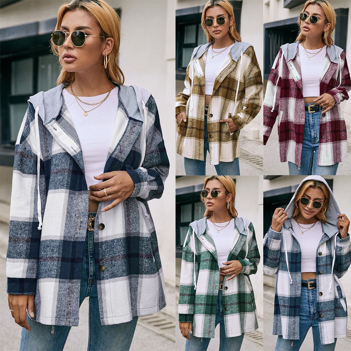Independent Site Cross-Border Cardigan Plaid Shirt, European and American Hooded Loose Casual Shirt Jacket