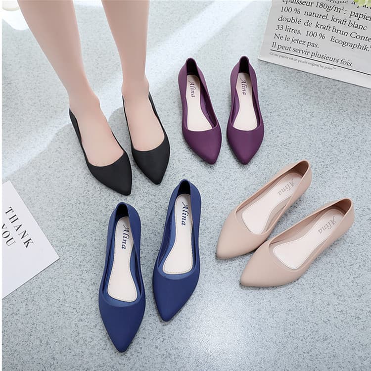 Fashion Shallow Rain Shoes for Women, Spring Autumn Flat Jelly Shoes, Pointed Toe Waterproof Solid Color Four-Season Casual Work Shoes, Non-Slip Shoes