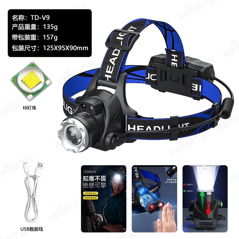 T6 Rechargeable LED Sensor Headlamp, High-Power Long-Range Zoomable Headlight for Outdoor Fishing, Wholesale