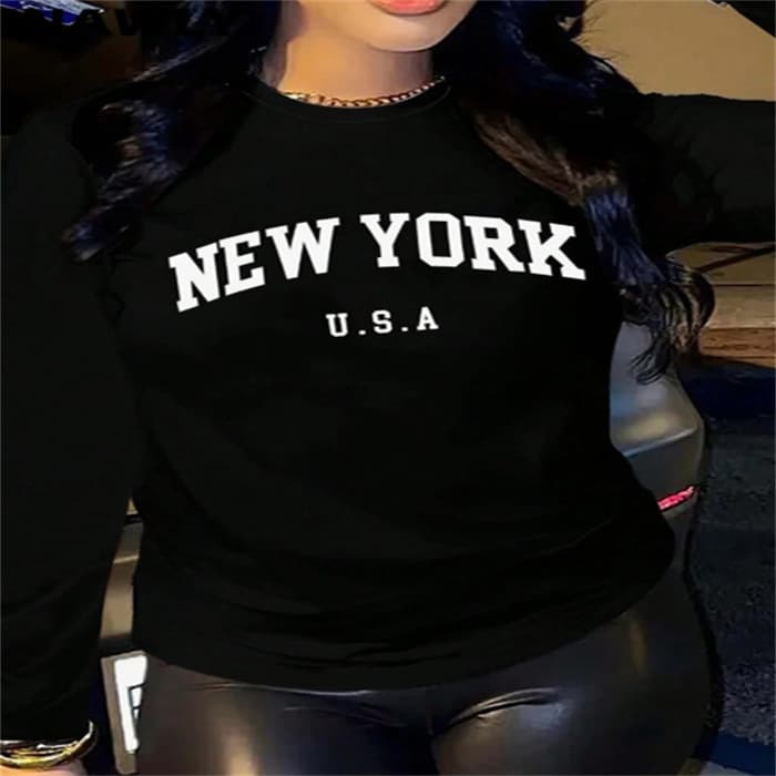 Cross-border Stock Women's Summer T-Shirt Printed Fashion Casual Cute Long Sleeve Women's Round Neck Printed Long Sleeve T-Shirt