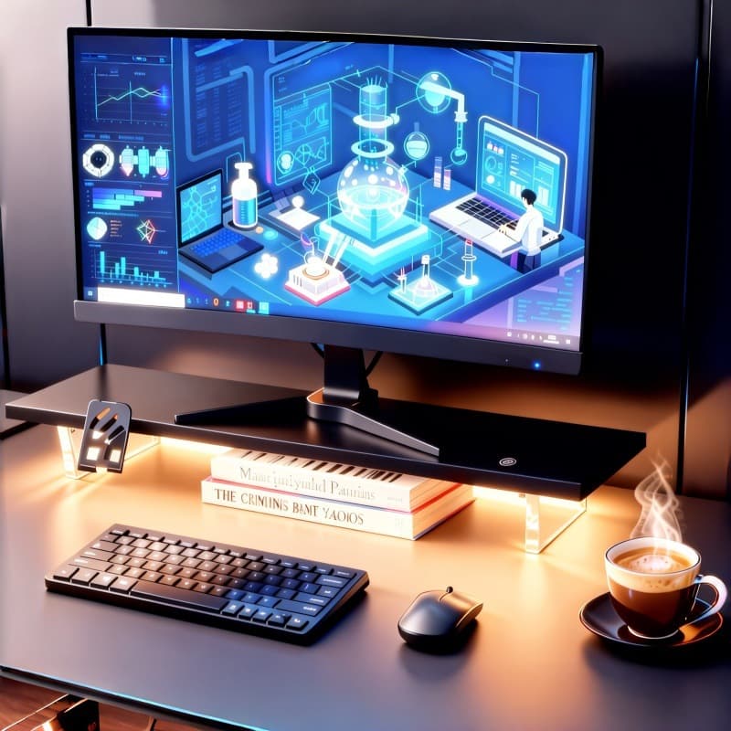 Black Gaming RGB Floating Wooden Monitor Riser Computer Laptop Stand Shelf Organizer with Light