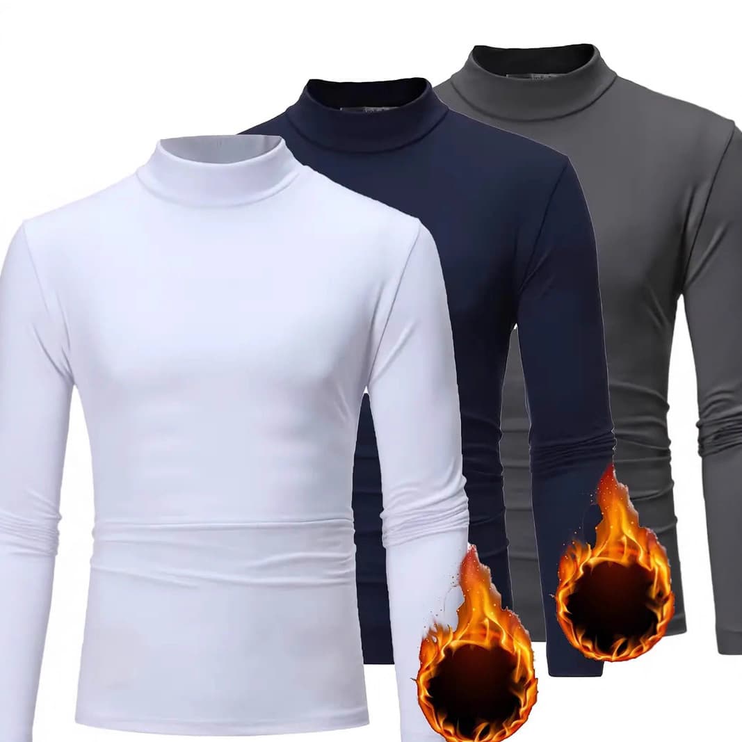 Cross-border European size men's fleece thermal sweatshirt high-neck long-sleeve shirt, good elasticity, base layer long T suitable for autumn and winter