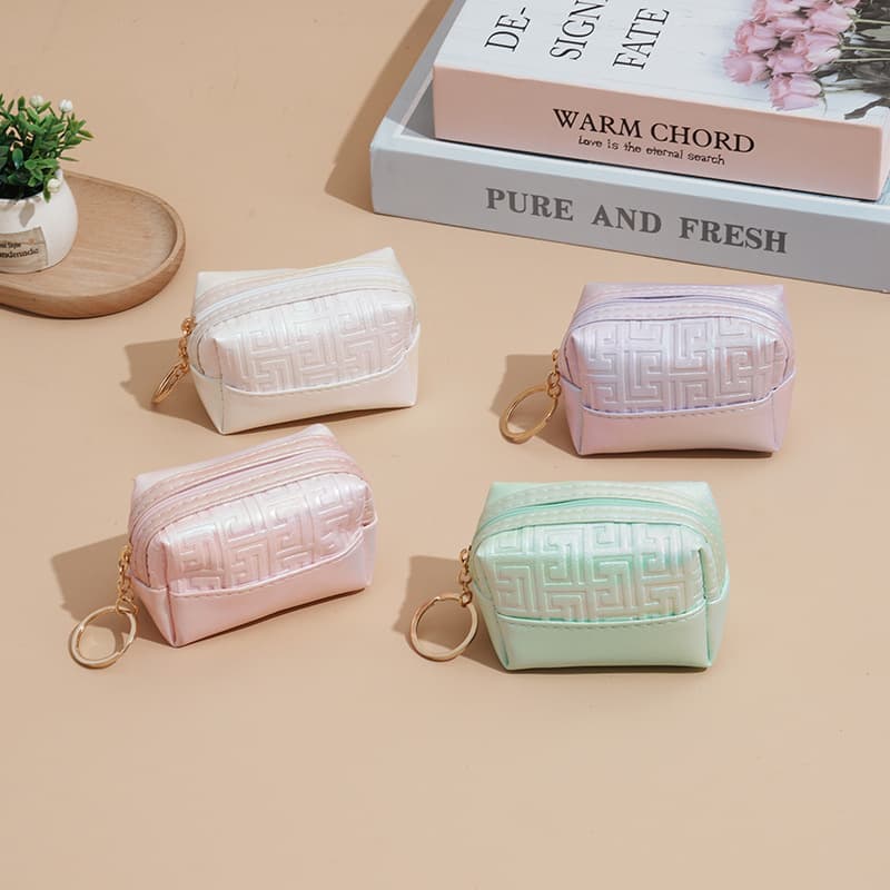 Creative Pearlescent Patchwork Coin Purse, High-Value Lipstick and Earphone Storage Keychain Mini Pouch with Geometric Plaid Design