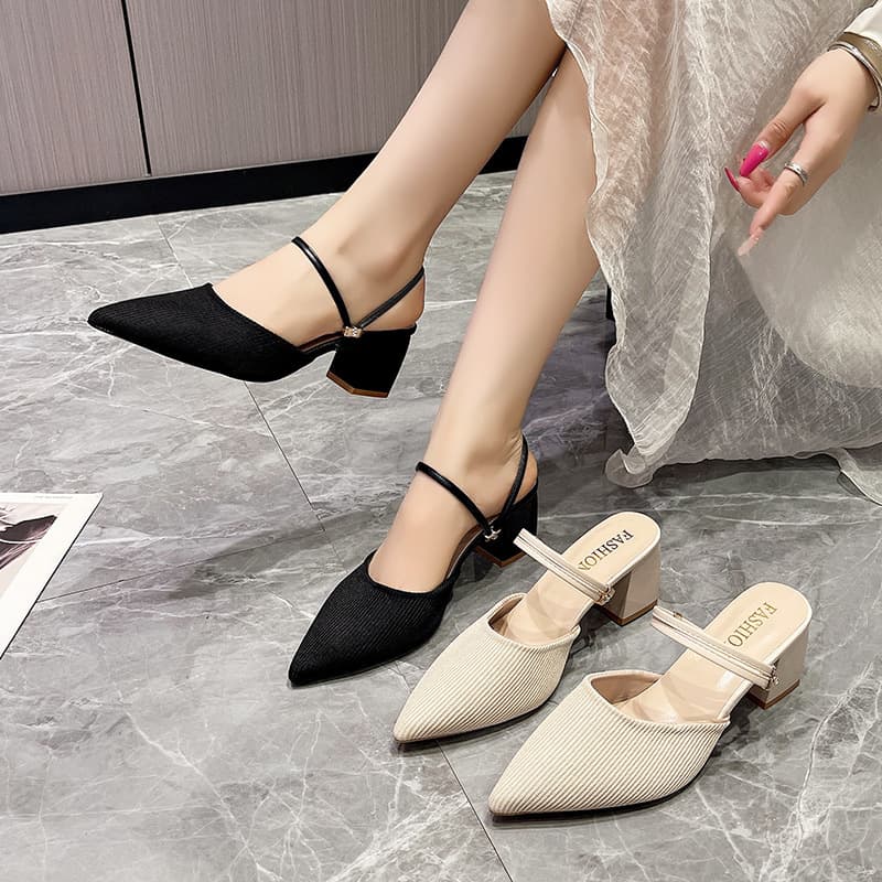 Pointed Toe Closed Front Mid Chunky Heel Slide Sandals Women Summer 2026 New Fabric Outdoor Two-Way Sandals