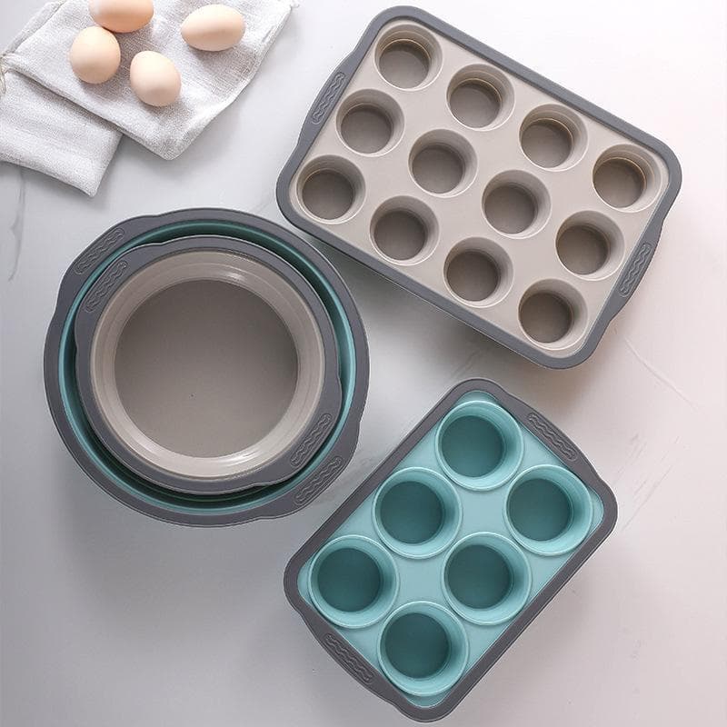 Silicone folding baking tray for bread, toast, and donuts; easy-to-release Nordic-style muffin cups.