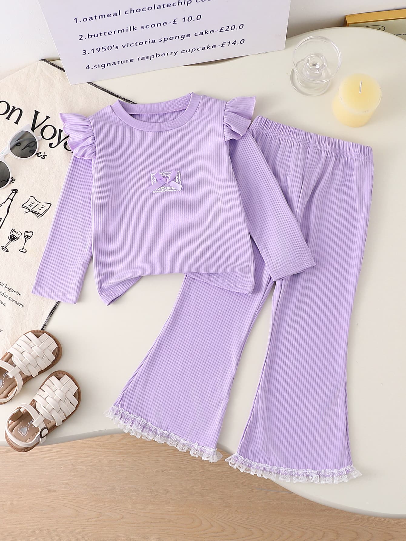Set, Flared Collar Top, Long Sleeve, Two-Piece Set, Cap Sleeve Style, Casual Two-Piece Set, Girls' Pit