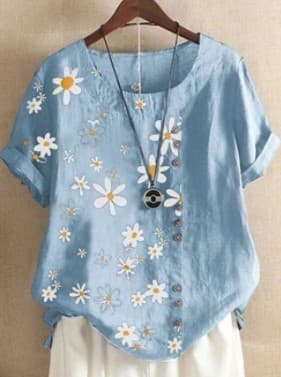 202 Amazon AliExpress Wish Vintage Cotton Linen Artistic Print Loose Casual Shirt for Women Blouse