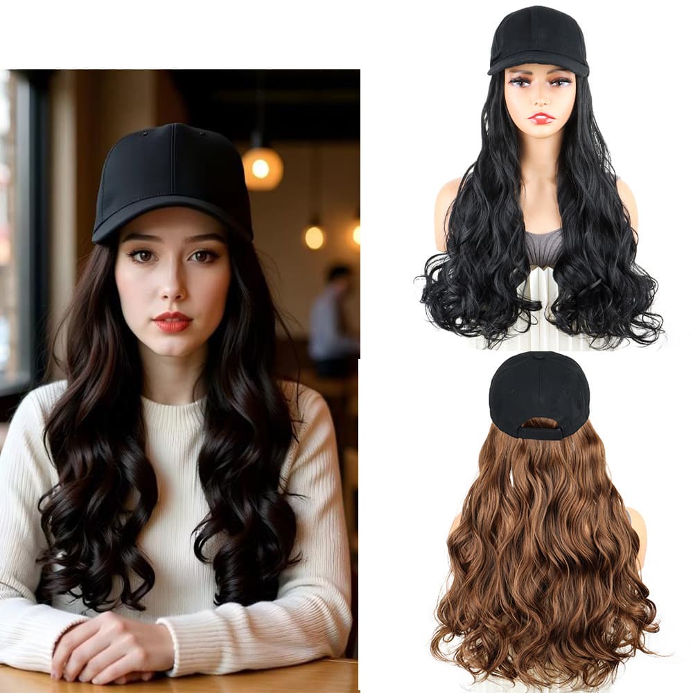 Women's Long Curly Wig with Large Waves, Full Cap with Baseball Cap, Wig Cap, Slightly Curly