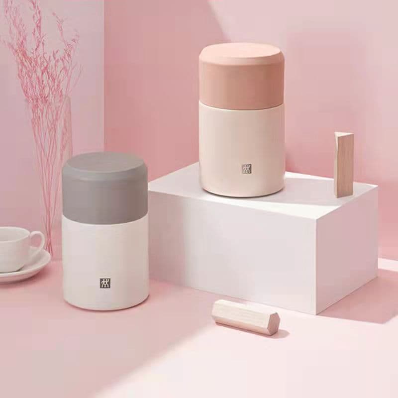 German Zwilling Soft Pink White Thermal Cooker, 700ml Stainless Steel Food Container, Insulated Lunch Box for Porridge