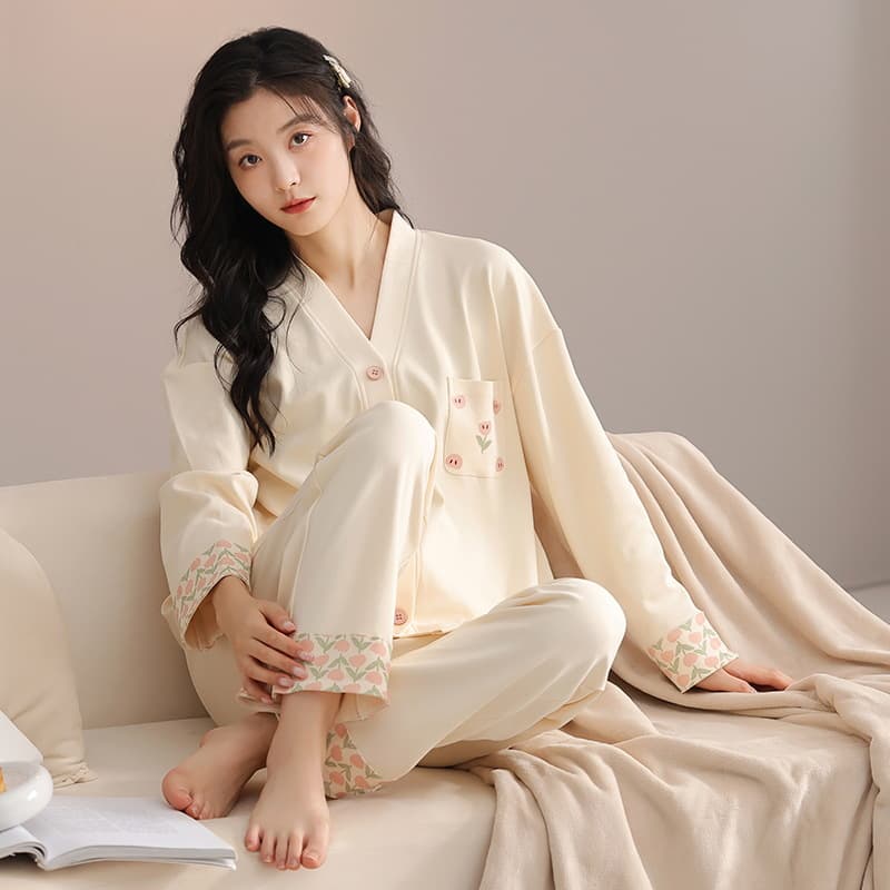Class A Cotton Pajamas for Women Autumn Winter Long Sleeve Long Pants Cardigan High-End Ladies Full Cotton Home Wear