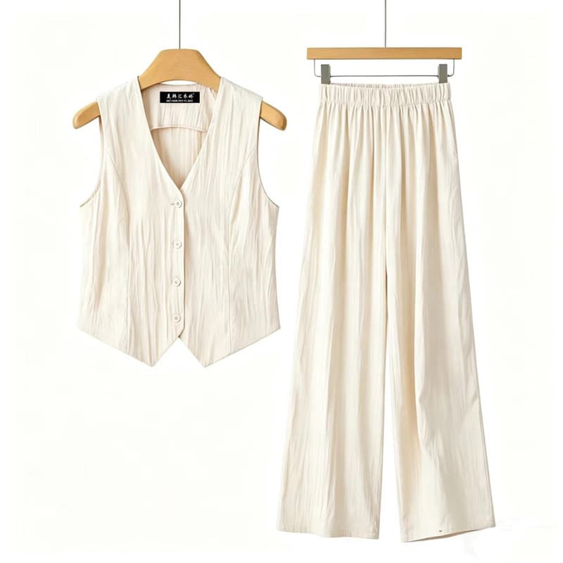High-End Off-White Textured Vest and High-Waisted Drapey Wide-Leg Pants Set for Women, Summer Workwear, Slimming and Versatile Two-Piece Set