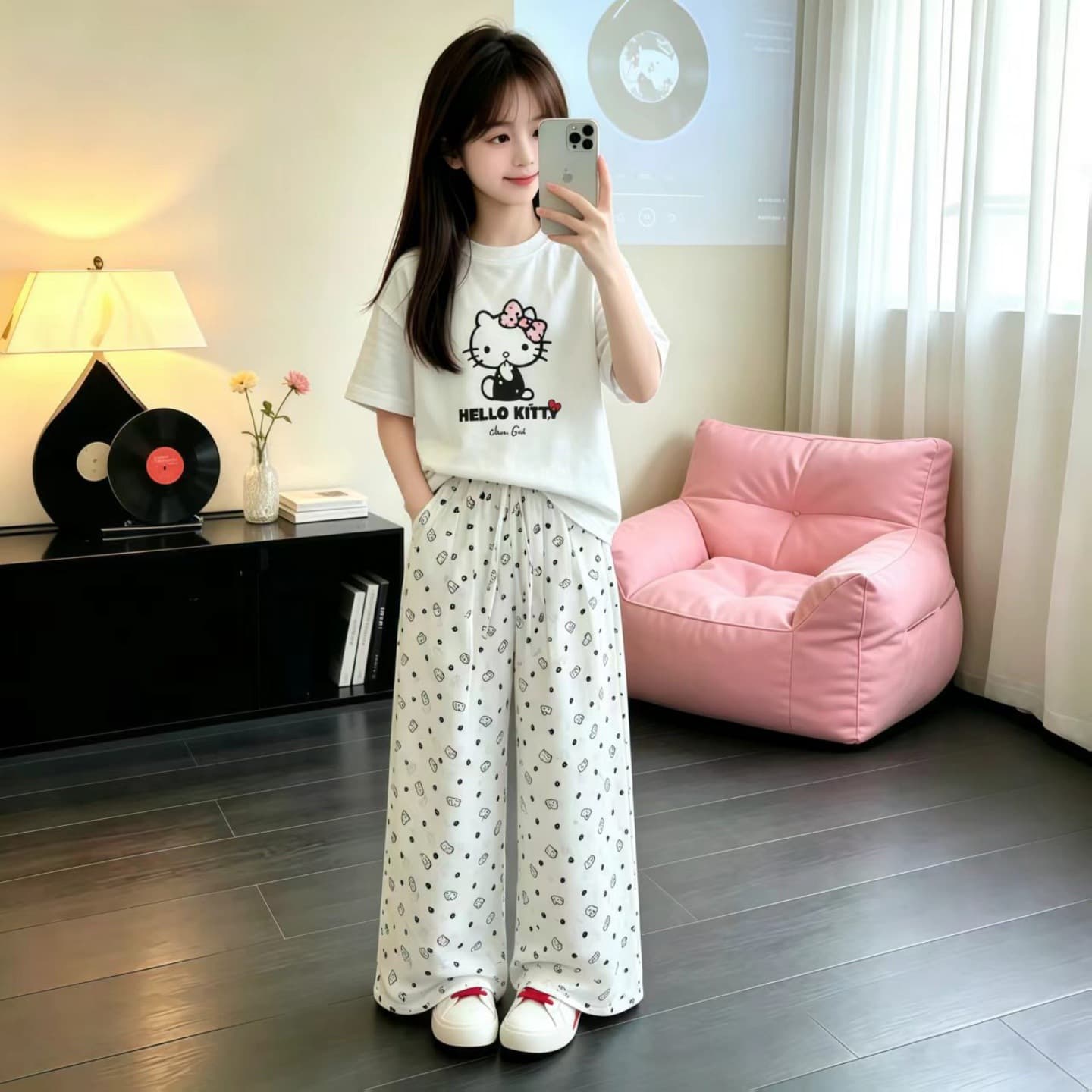 Girls Summer Outfit Set 2026 New Style Children Fashionable Short Sleeve T-Shirt Summer Girl Trendy Straight Leg Pants Two-Piece Set 9