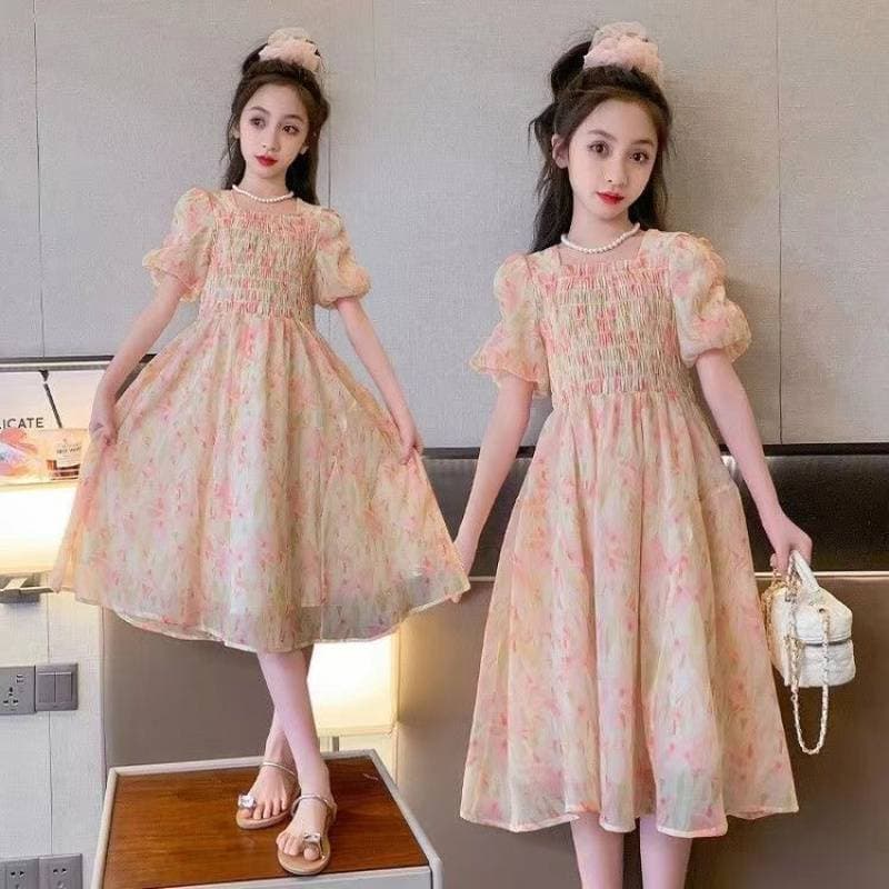 Girls Dress Summer 2025 New Kids Princess Dress Fashionable Girls Dress Floral Print Midi Dress for Big Kids