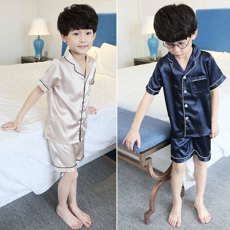 Cross-Border Children's Pajamas for Boys and Girls, Summer Thin Home Wear, Boys' Spring and Autumn Ice Silk Long and Short Sleeve Sets