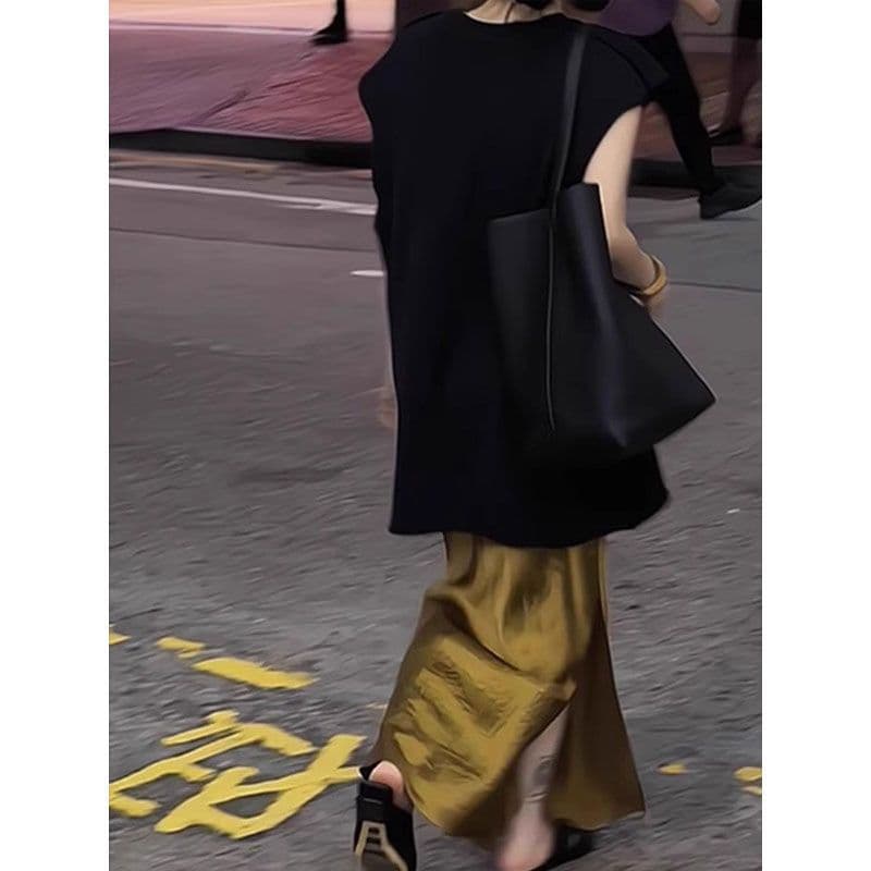 Gold Satin Acetate Straight Skirt with Side Slit, Women's Summer Designer Long High-Waist Bodycon Skirt