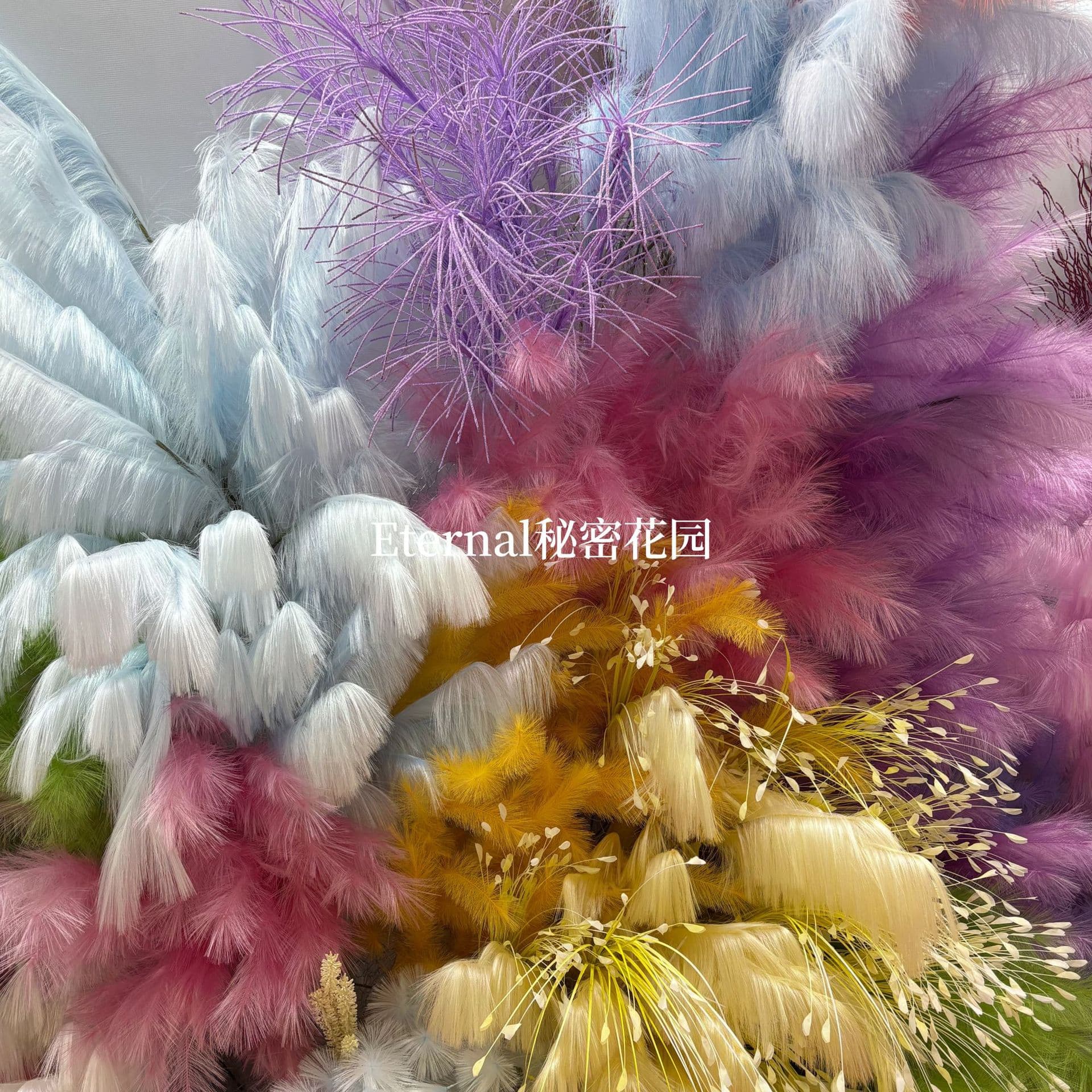 Five-pronged simulated reed fireworks decoration, simulated flowers, daytime fireworks, wedding scene layout, pink and white fantasy feathers