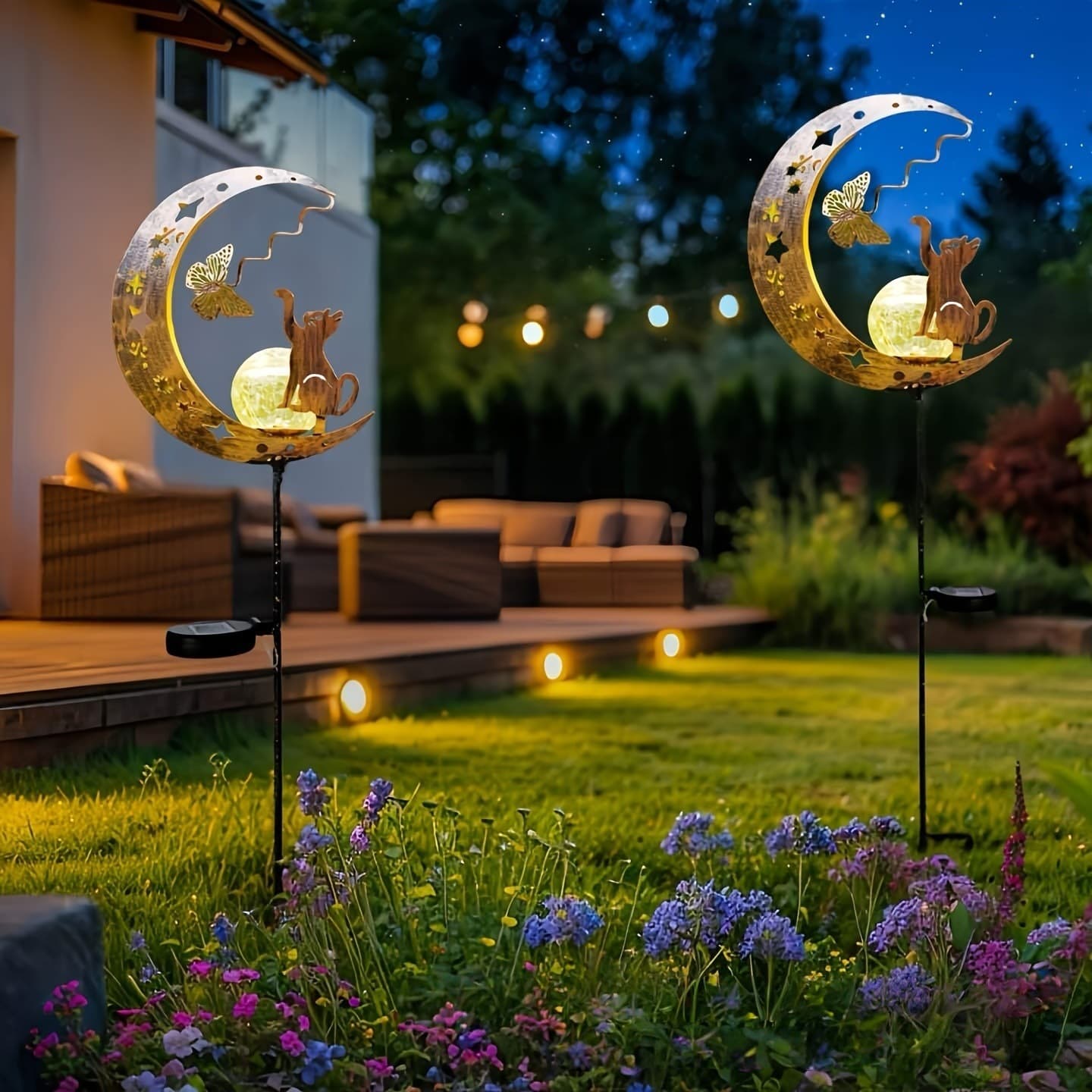1pc cat moon shaped iron solar light outdoor garden decoration lighting automatic sensor solar powered