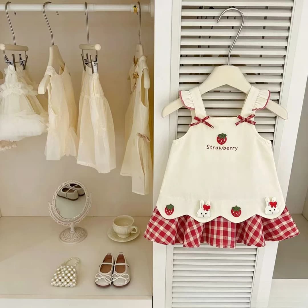New Girls' Sweet Strawberry Embroidery Strap Dress Red White Plaid Butterfly Bow Cute Summer Dress
