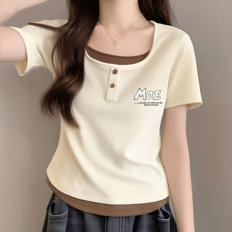 Plus Size Cap Sleeve T-Shirt Women's 2025 New Summer Slim Fit Versatile Short Spice Girl Faux Two-Piece Crop Top