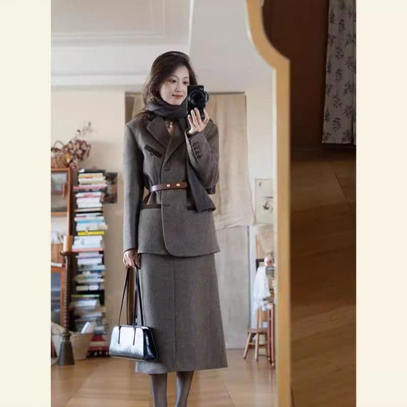 Plus Size Women's Winter Wool Coat Two-Piece Set with Skirt for Curvy Women