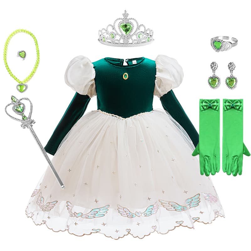 Girls Long Sleeve Party Green Mesh Skirt Dress Performance Clothes Children's Costume Dress Princess Dress Halloween